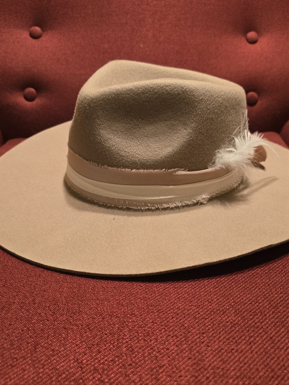 Classic Wide-Brim Women's Fedora Hat in Tan with Feather Trim